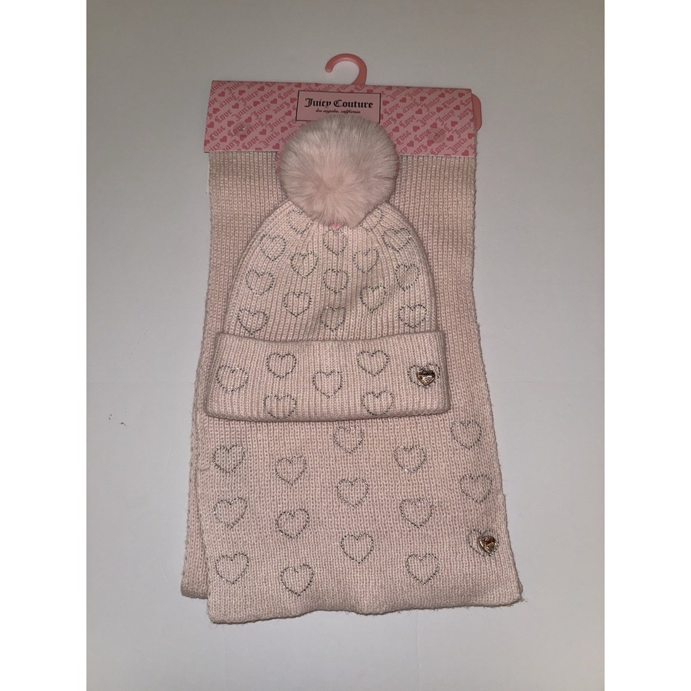 Juicy Couture Women Beanie Scarf Set Pink Rhinestone Heart Faux Fur Glam NWT